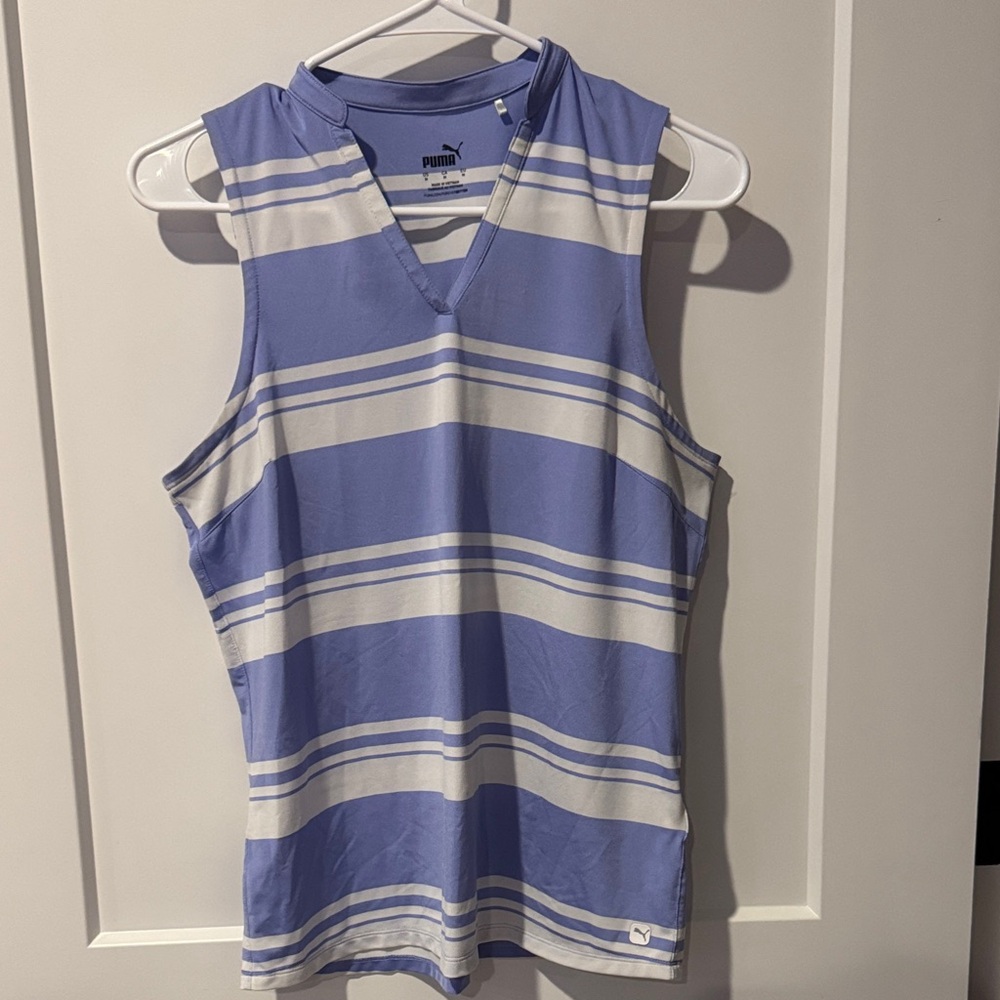 Puma Women's Cornflower Blue and White Striped Golf Top